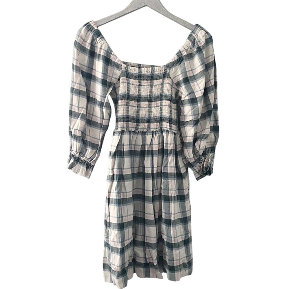 Madewell Lucie Elbow Sleeve Smocked Dress in Lebaum Plaid ND174 NEW